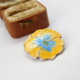 Sterling Silver Guilloche Enamel Yellow-Blue Flower Brooch Antique Art Deco