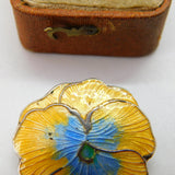 Sterling Silver Guilloche Enamel Yellow-Blue Flower Brooch Antique Art Deco