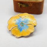 Sterling Silver Guilloche Enamel Yellow-Blue Flower Brooch Antique Art Deco