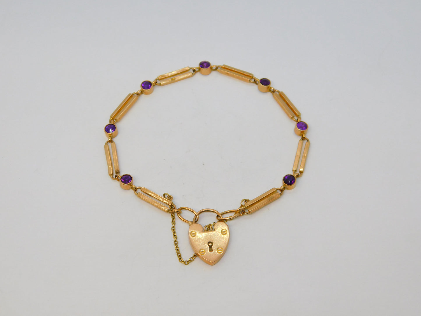 Edwardian 9ct Rose Gold & Amethyst Trombone Link Charm Bracelet Antique c1910