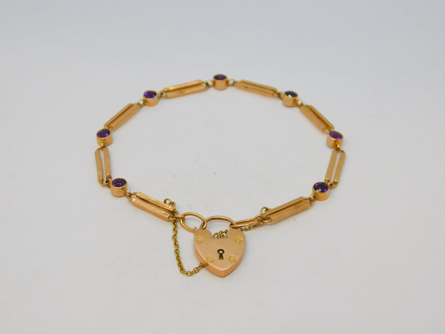 Edwardian 9ct Rose Gold & Amethyst Trombone Link Charm Bracelet Antique c1910