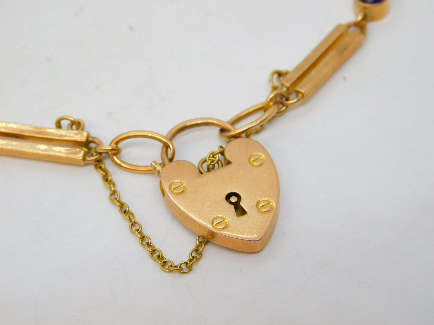 Edwardian 9ct Rose Gold & Amethyst Trombone Link Charm Bracelet Antique c1910