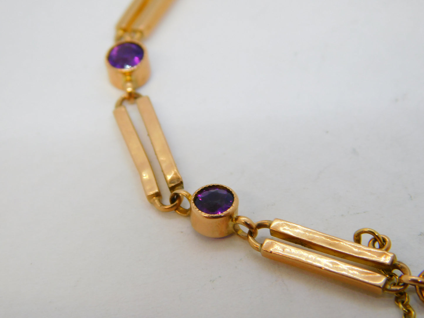Edwardian 9ct Rose Gold & Amethyst Trombone Link Charm Bracelet Antique c1910