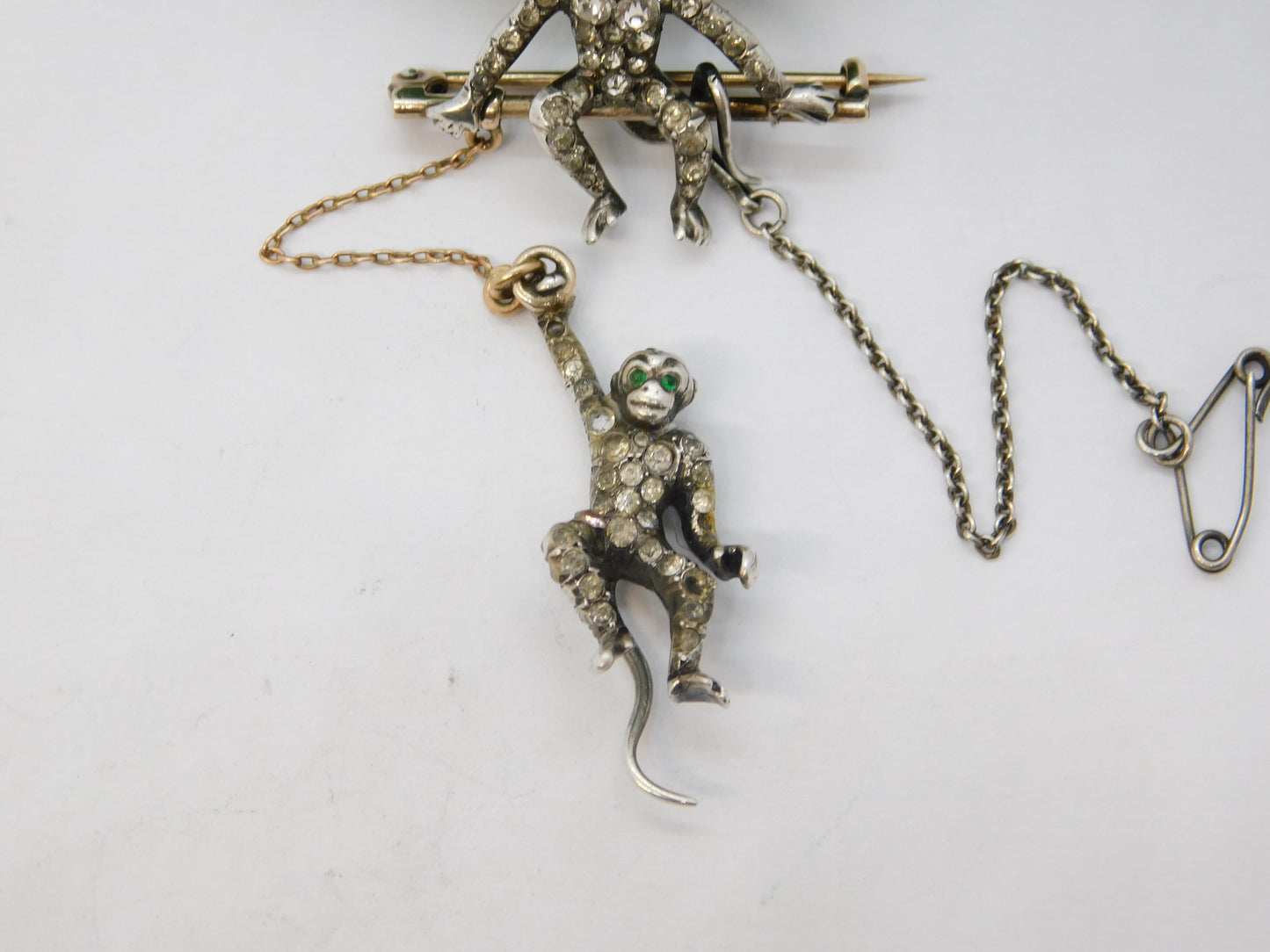 19th Century Sterling Silver, Gold & Paste Monkey Drop Brooch Antique c1880