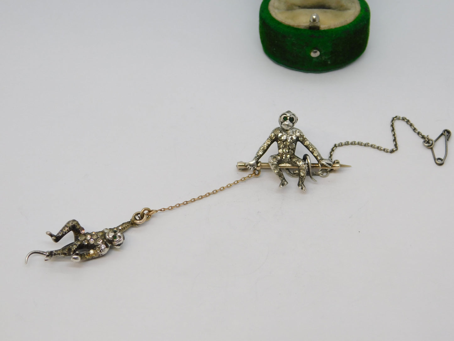 19th Century Sterling Silver, Gold & Paste Monkey Drop Brooch Antique c1880