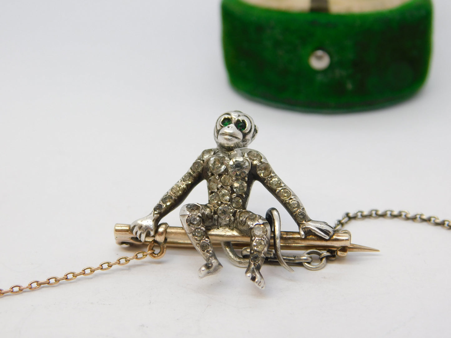 19th Century Sterling Silver, Gold & Paste Monkey Drop Brooch Antique c1880