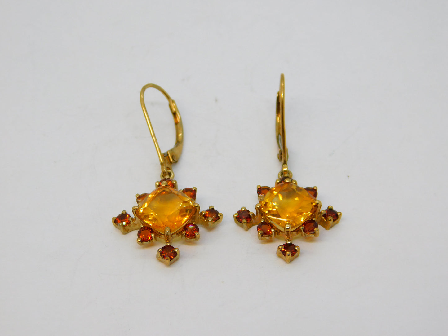9ct Yellow Gold, Citrine & Garnet Set Floral Hook Earrings Vintage c1980