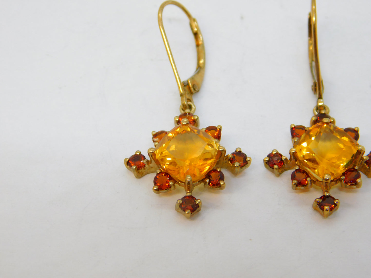 9ct Yellow Gold, Citrine & Garnet Set Floral Hook Earrings Vintage c1980