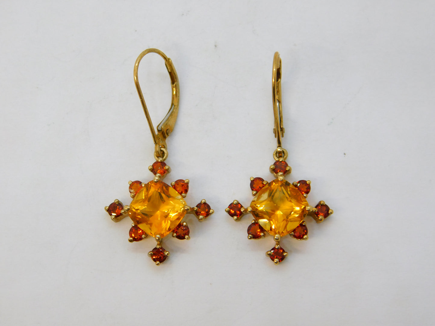9ct Yellow Gold, Citrine & Garnet Set Floral Hook Earrings Vintage c1980