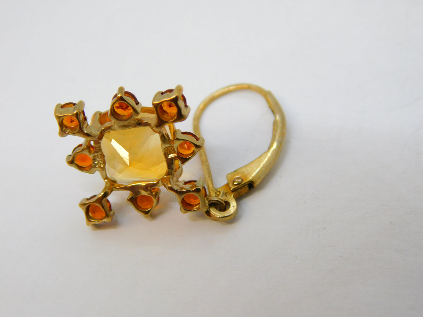 9ct Yellow Gold, Citrine & Garnet Set Floral Hook Earrings Vintage c1980