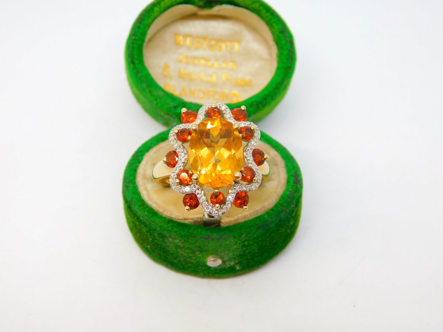9ct Gold, Citrine, Garnet & Diamond Set Floral Ring Vintage 2005 Birmingham
