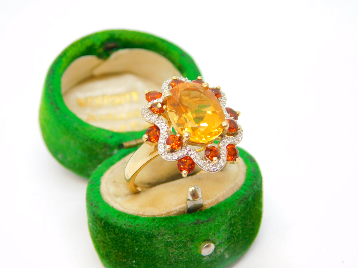 9ct Gold, Citrine, Garnet & Diamond Set Floral Ring Vintage 2005 Birmingham