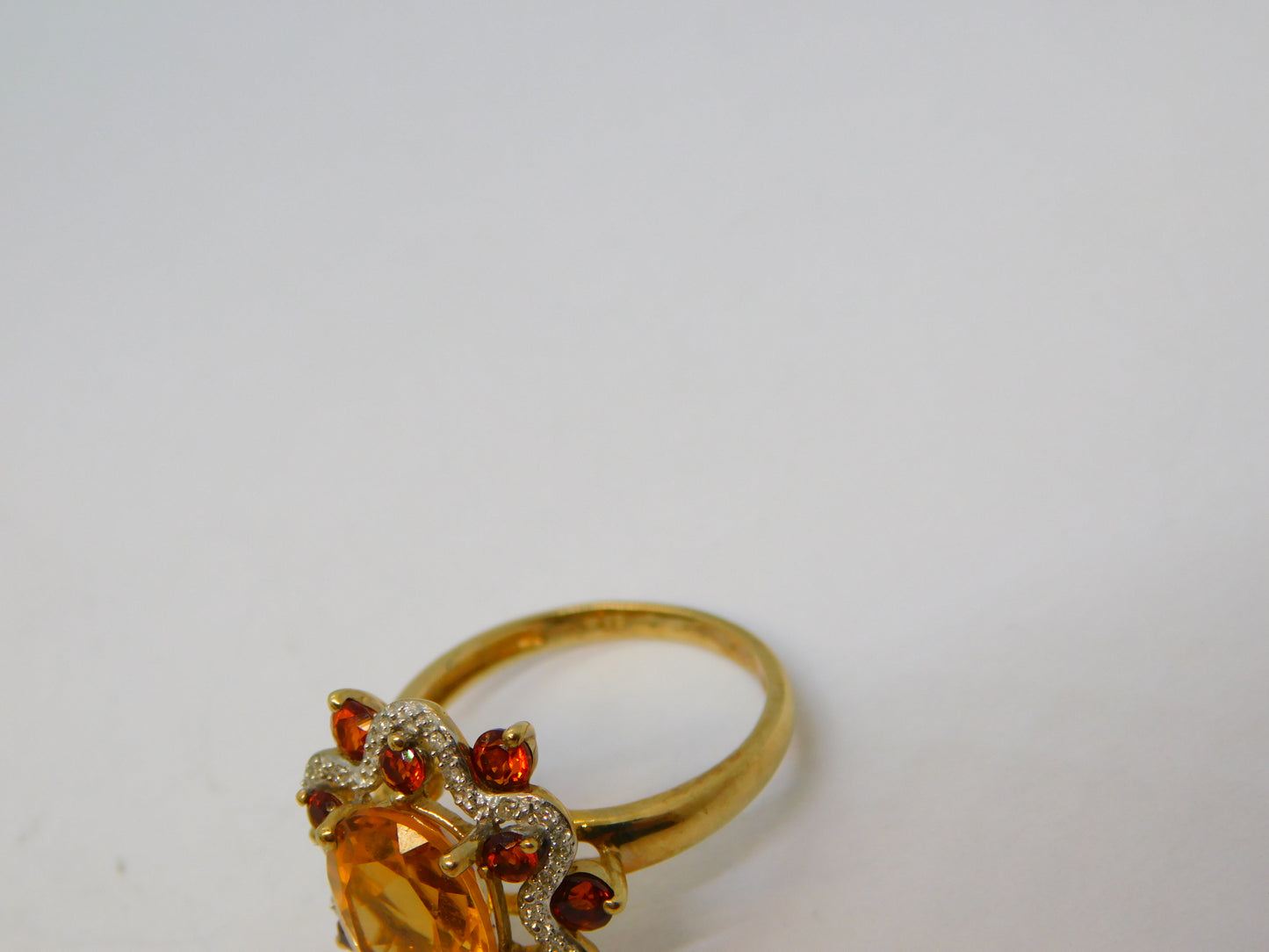 9ct Gold, Citrine, Garnet & Diamond Set Floral Ring Vintage 2005 Birmingham