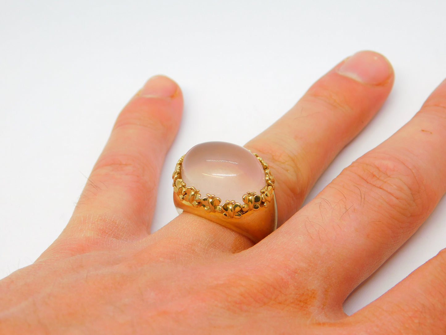 9ct Yellow Gold Cabochon Rose Quartz Statement Ring Vintage 1988 London