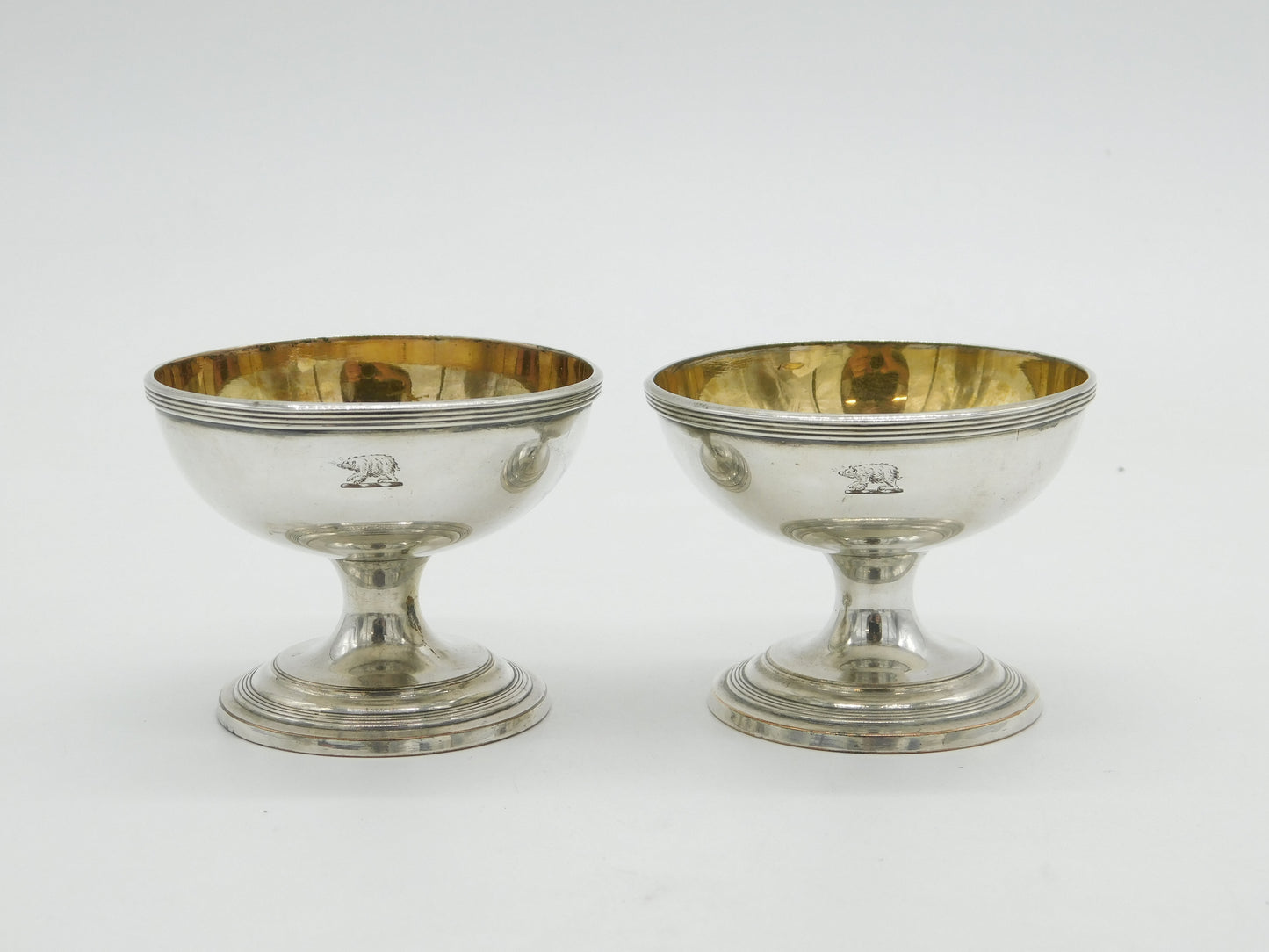 George III Pair of Silver Plated Gilded Bear Crested Salt Cellars Antique c1820