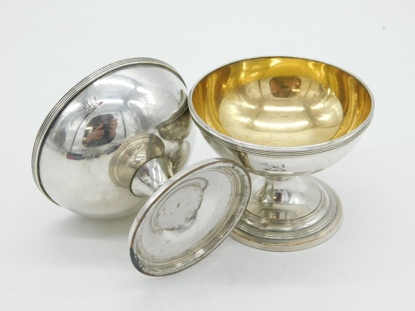 George III Pair of Silver Plated Gilded Bear Crested Salt Cellars Antique c1820