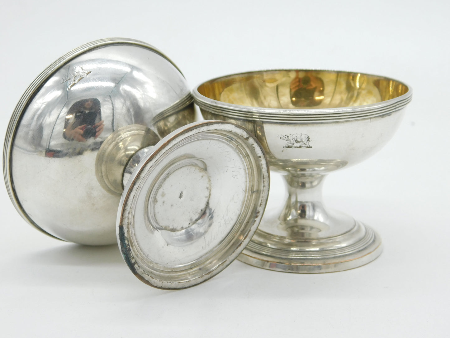 George III Pair of Silver Plated Gilded Bear Crested Salt Cellars Antique c1820