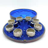Victorian Boxes Set of Eight Sterling Silver Floral Salt Cellars Antique 1881 London