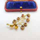 14ct Yellow Gold & Garnet Set Floral Sprig Brooch Antique c1930 Art Deco