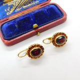 14ct Yellow Gold & Bohemian Garnet Set Floral Cluster Drop Earrings Vintage