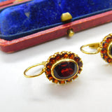 14ct Yellow Gold & Bohemian Garnet Set Floral Cluster Drop Earrings Vintage