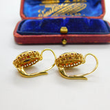14ct Yellow Gold & Bohemian Garnet Set Floral Cluster Drop Earrings Vintage