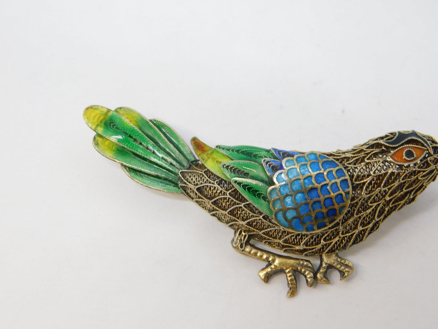 Chinese Sterling Silver Gilt & Enamel Bird Sweetheart Brooch Vintage c1950