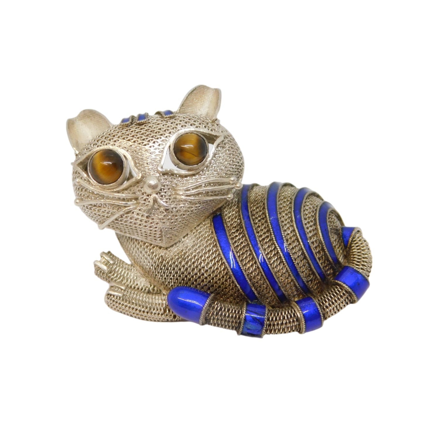 Chinese Sterling Silver, Blue Enamel & Tiger's Eye Cat Brooch Vintage c1960