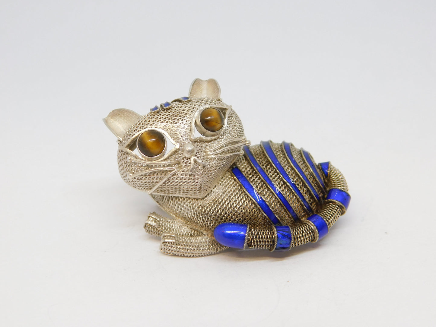 Chinese Sterling Silver, Blue Enamel & Tiger's Eye Cat Brooch Vintage c1960