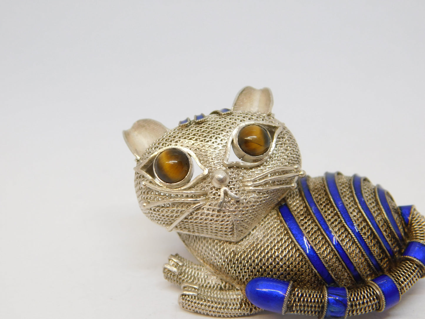 Chinese Sterling Silver, Blue Enamel & Tiger's Eye Cat Brooch Vintage c1960