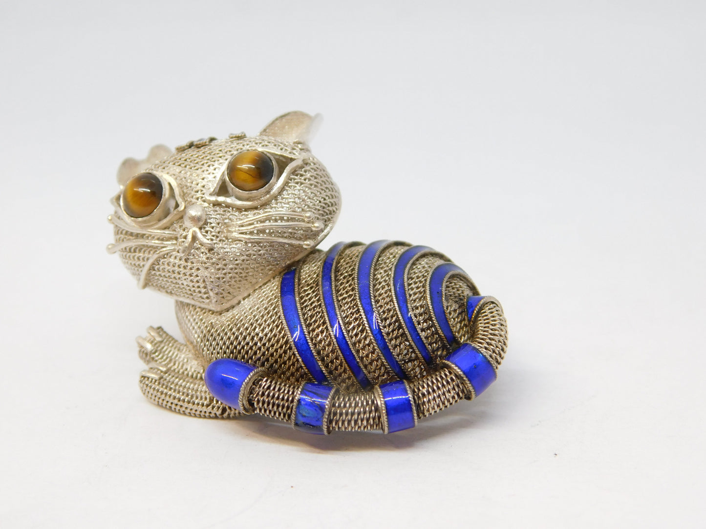 Chinese Sterling Silver, Blue Enamel & Tiger's Eye Cat Brooch Vintage c1960