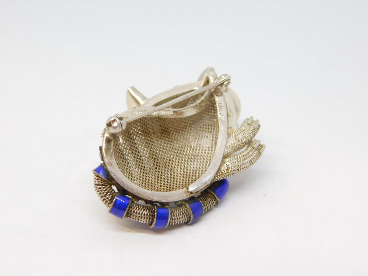 Chinese Sterling Silver, Blue Enamel & Tiger's Eye Cat Brooch Vintage c1960