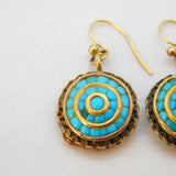 Victorian 15ct Yellow Gold & Turquoise Set Etruscan Style Hook Earrings Antique c1840