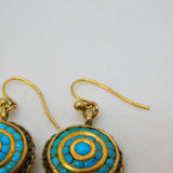 Victorian 15ct Yellow Gold & Turquoise Set Etruscan Style Hook Earrings Antique c1840