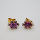 Victorian 9ct Gold, Pink Sapphire, Diamond Floral Cluster Earrings Antique c1890