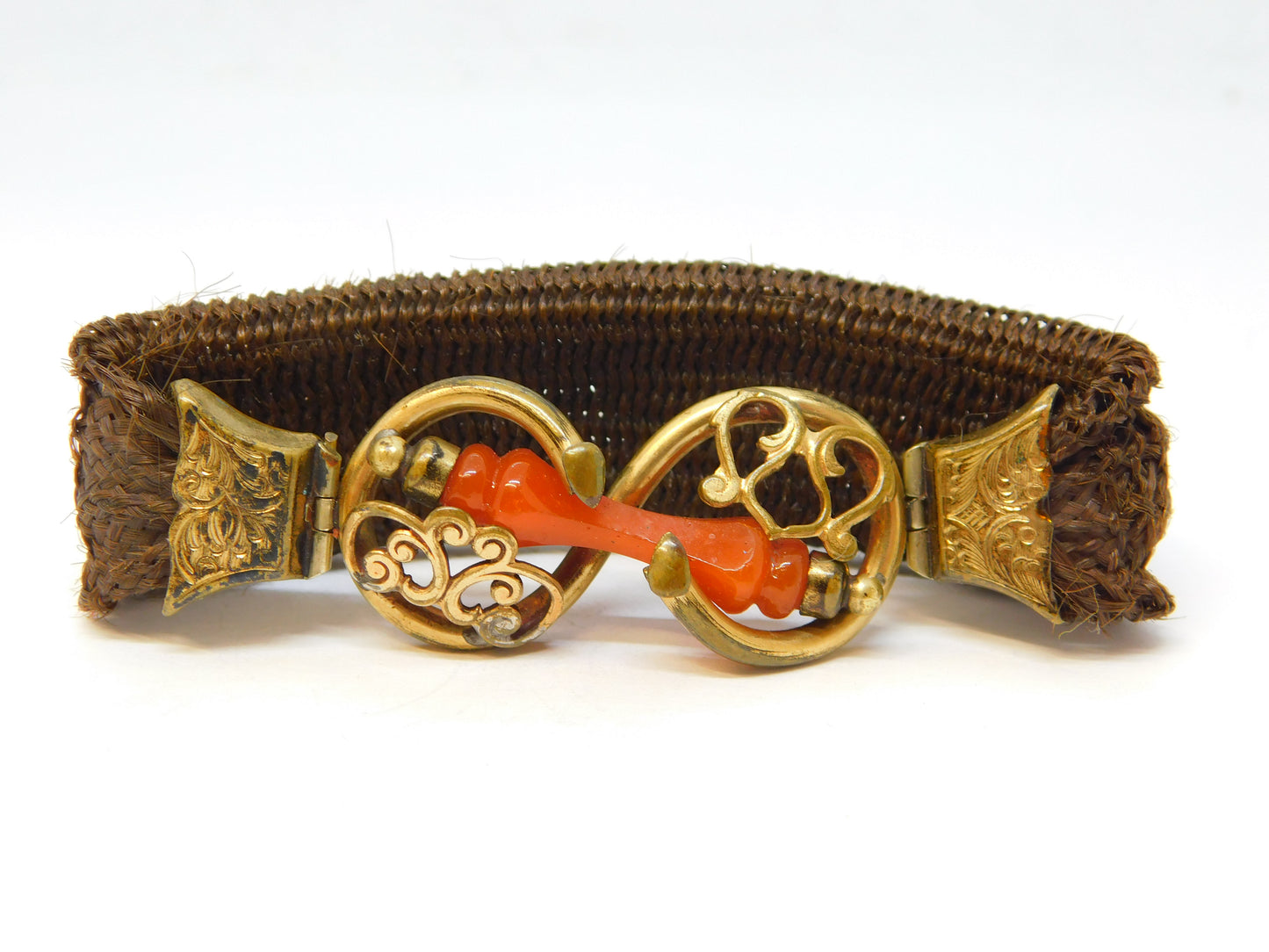 George III Woven Hair, Rolled Gold & Red Agate Mourning Bracelet Antique c1820