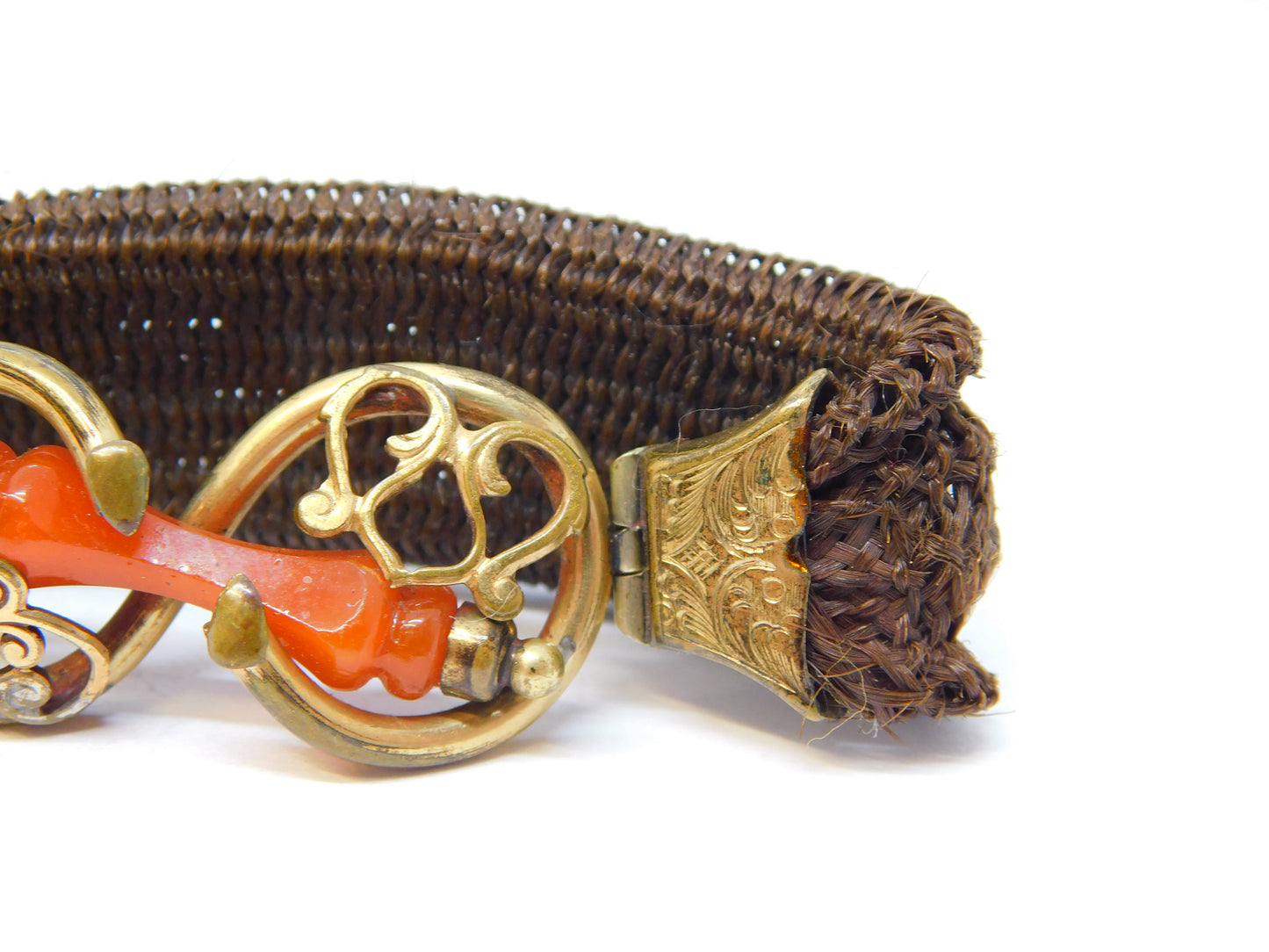 George III Woven Hair, Rolled Gold & Red Agate Mourning Bracelet Antique c1820