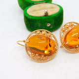 14ct Yellow Gold & Cabochon Baltic Amber Large Drop Earrings Vintage c1980