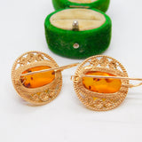 14ct Yellow Gold & Cabochon Baltic Amber Large Drop Earrings Vintage c1980
