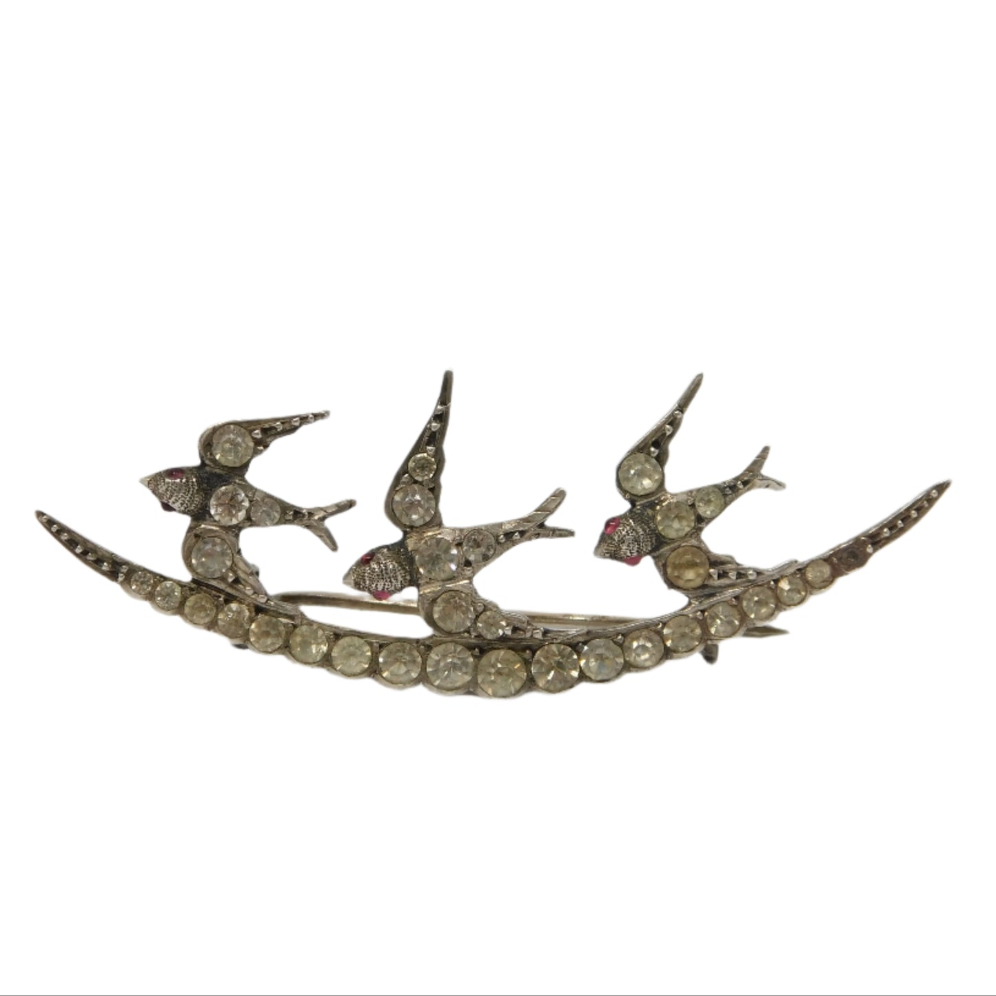 19th Century Sterling Silver Paste Set Three-Birds Sweetheart Brooch Antique c1890