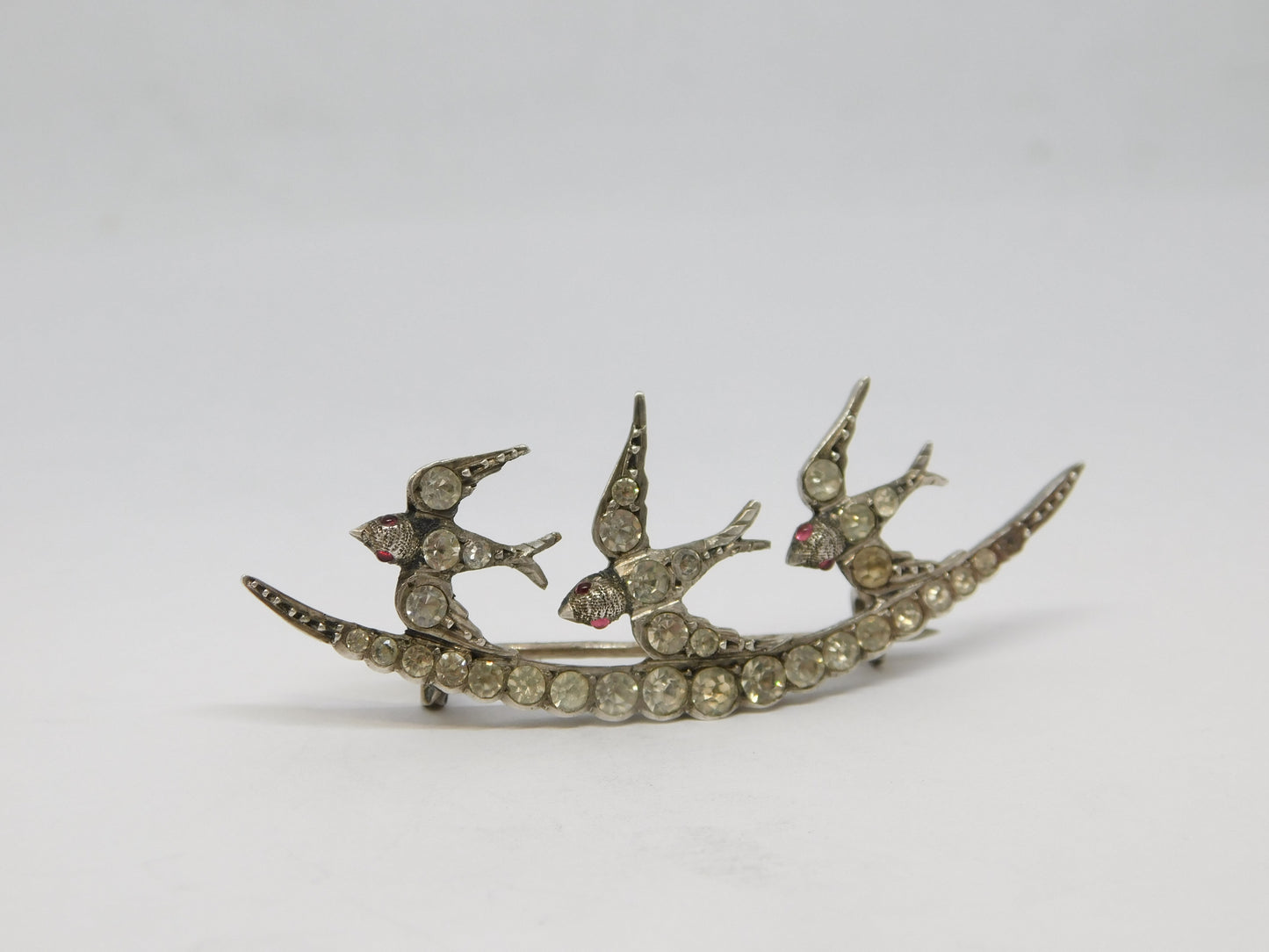 19th Century Sterling Silver Paste Set Three-Birds Sweetheart Brooch Antique c1890