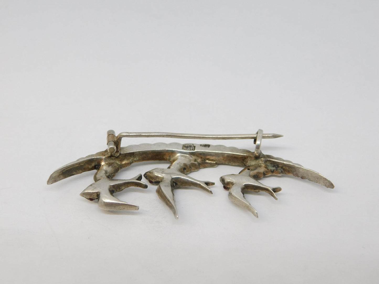 19th Century Sterling Silver Paste Set Three-Birds Sweetheart Brooch Antique c1890