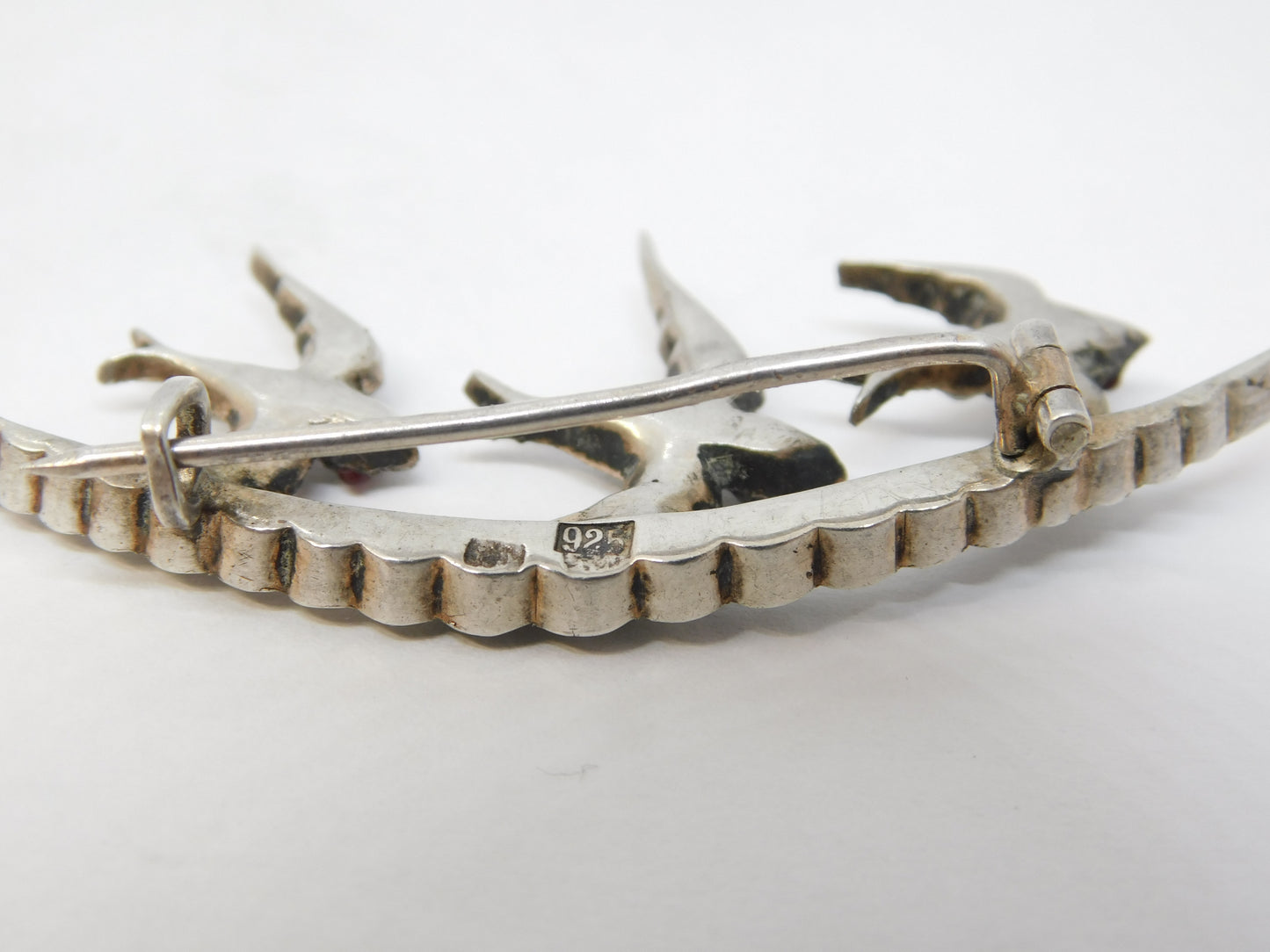 19th Century Sterling Silver Paste Set Three-Birds Sweetheart Brooch Antique c1890