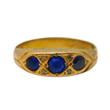 Victorian 9ct Yellow Gold, Sapphire & Diamond Boat Ring Antique c1890