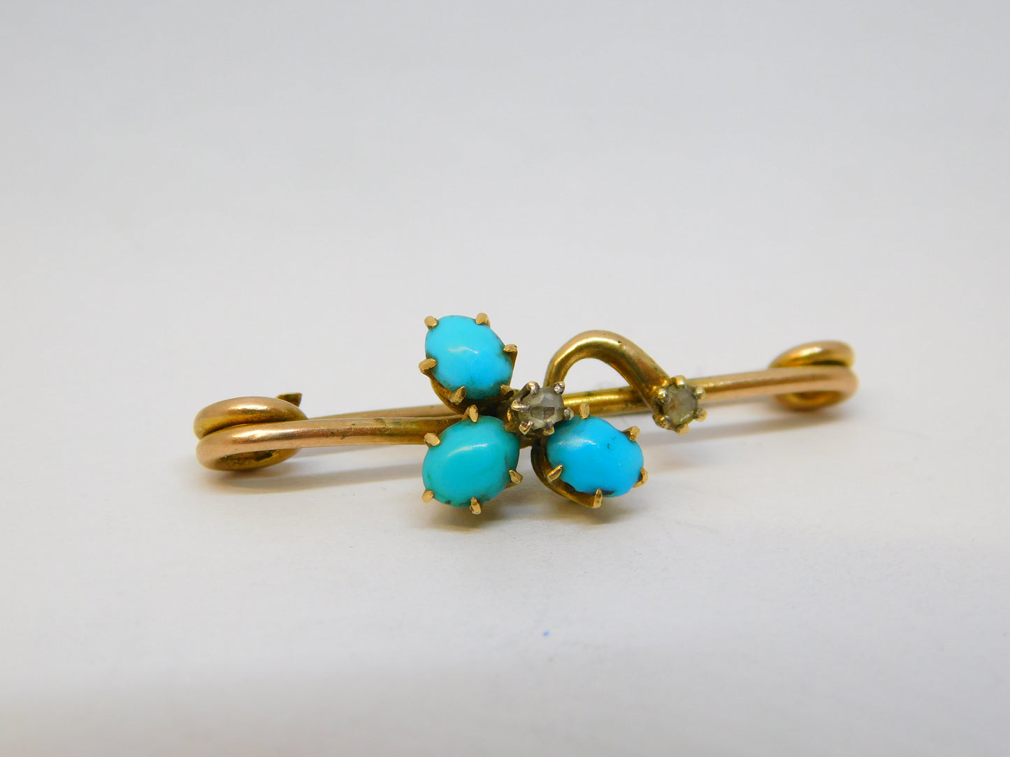Victorian 15ct Gold, Turquoise & Old Cut Diamond Shamrock Brooch Antique c1880