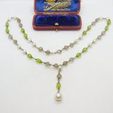 Sterling Silver, Pearl, Citrine & Peridot Drop Necklace Antique c1920 Art Deco