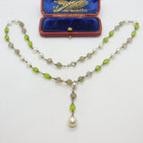 Sterling Silver, Pearl, Citrine & Peridot Drop Necklace Antique c1920 Art Deco