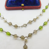 Sterling Silver, Pearl, Citrine & Peridot Drop Necklace Antique c1920 Art Deco