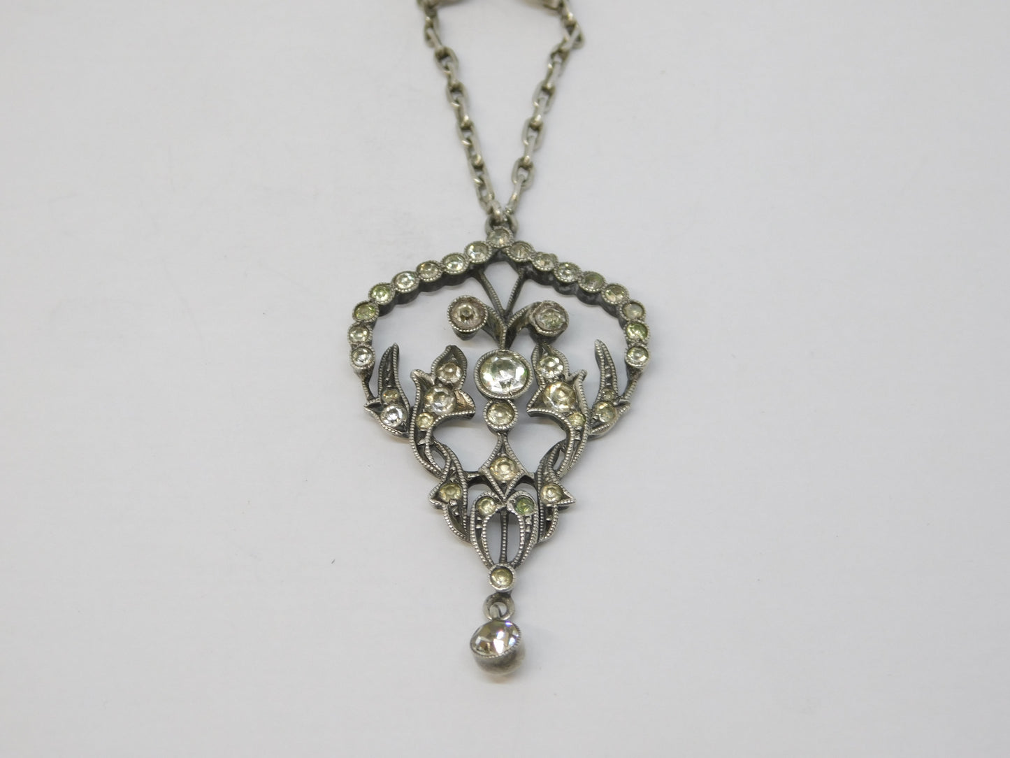 19th Century .900 Silver Paste Set Lavalier Drop Necklace Antique c1880