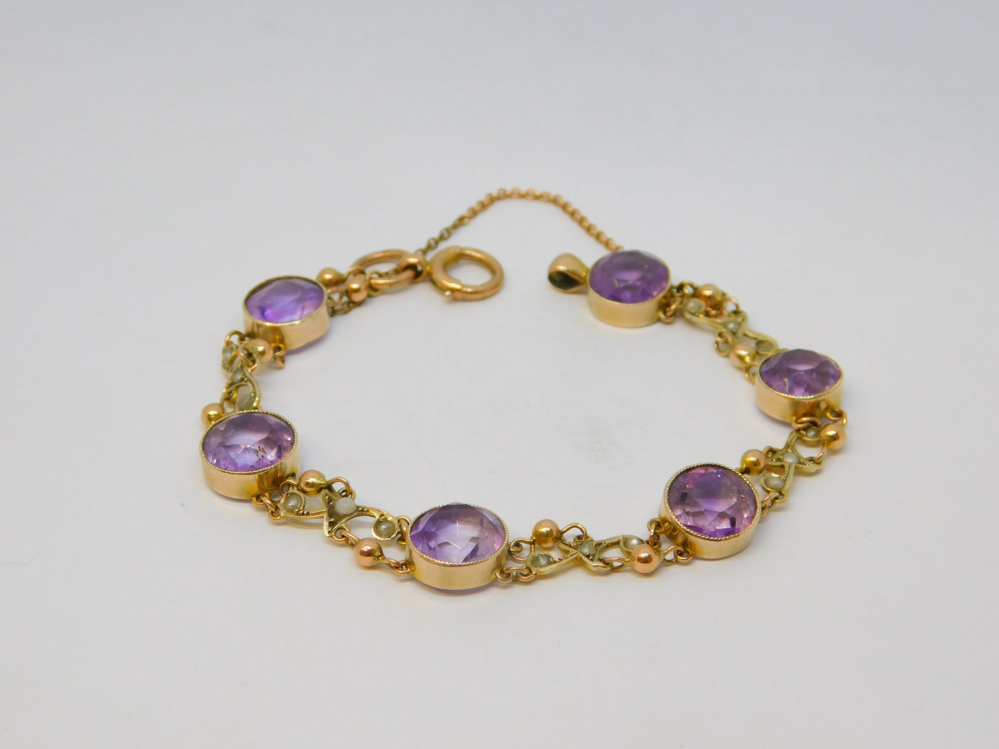 Edwardian 9ct Rose Gold, Amethyst & Seed Pearl Floral Bracelet Antique c1910
